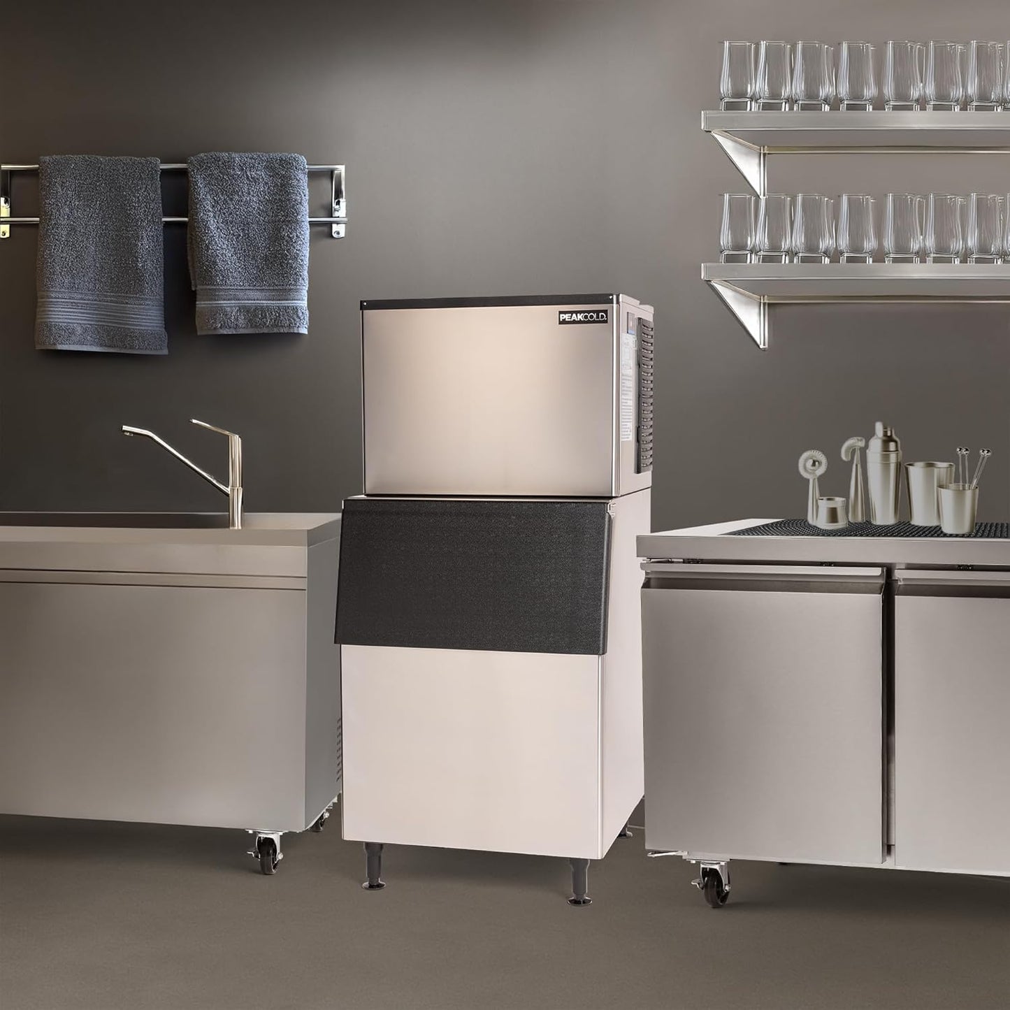 PeakCold Modular Commercial Ice Maker, 530 lbs/Day, 375lb Storage Bin, Floor Model Stainless Steel Half-Cube Ice Maker with Digital Controller