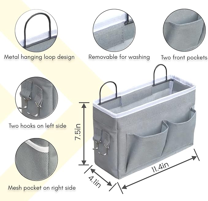 3pcs Middle Wall Hanging Organizer Bag, Linen Fabric Door Hanging Storage Basket with Pockets, Waterproof Bin for Kitchen, Bedroom, Office, RV Camper (Gray)