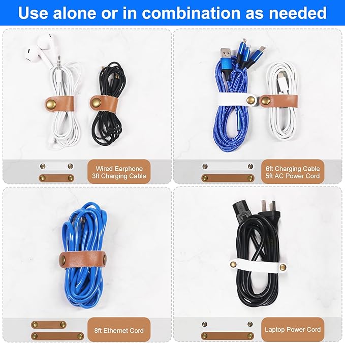 Coideal Leather Cable Ties Organizer, 20 Pcs Earphone Cable Straps Reusable USB Cord Keeper with Snap Cord Clips Holder for Phone (Short + Long, Brown)