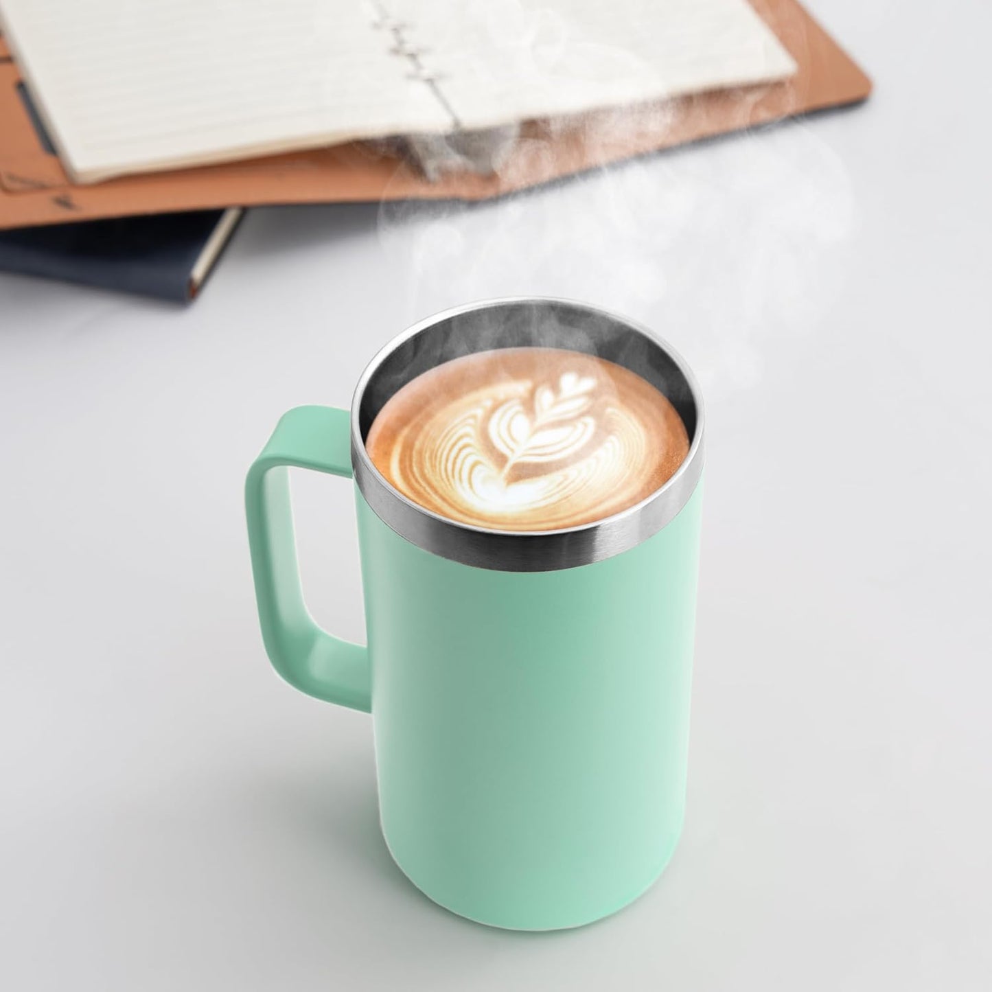 DOMICARE 24oz Mug with Handle and Lid, Stainless Steel Coffee Mug, Travel Mug with Handle, Double Wall Vacuum Coffee Tumbler, Reusable Insulated Cup, Mint Green, Pack 8