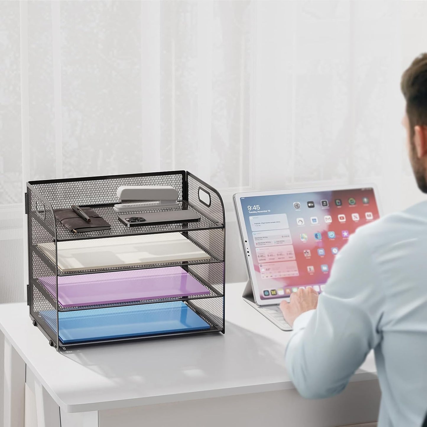 Marbrasse 2 Pack 4 Tier Paper Organizer Letter Tray - Mesh Desk File Organizer with Handle, Paper Sorter Organizer for Letter/A4 Office File Folder Holder (Black, 12.6" x 9.1" x 10.7")