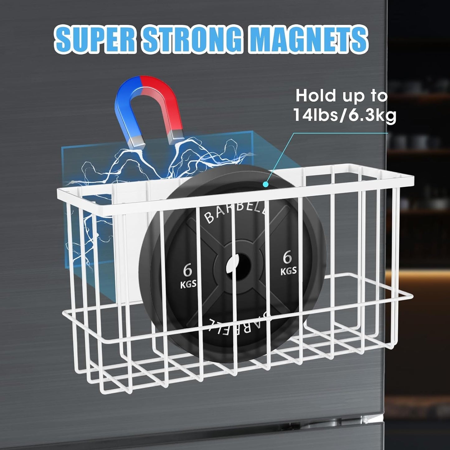 NiHome Magnetic Metal Basket Organizers, Dryer Ball Holder, 2PCS Medium & Small, Versatile Storage for Kitchen & Office Holds Up to 14 lbs, Easy Attach to Refrigerator or Any Magnetic Surface (White)