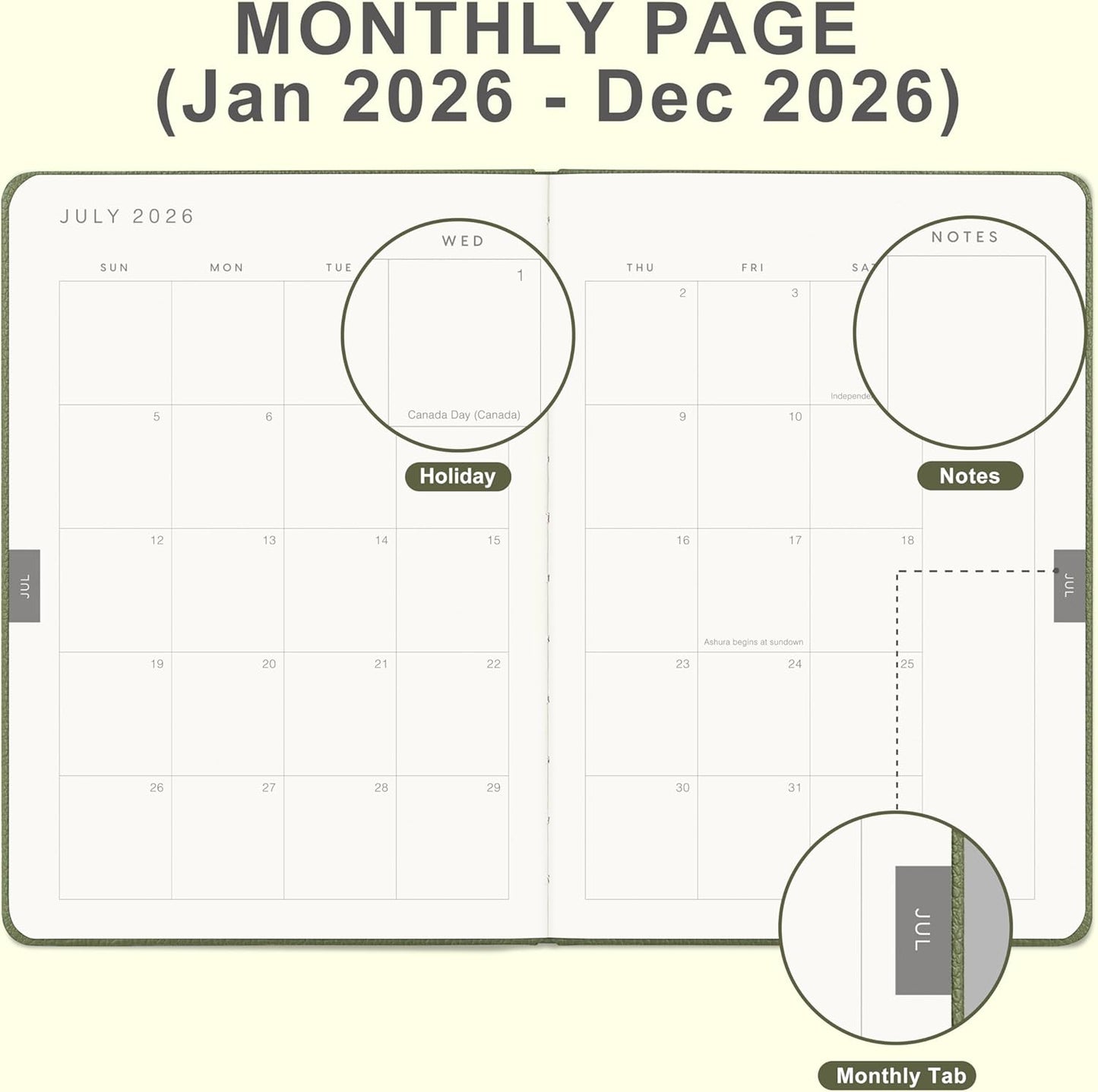 And Per Se 2026 Planner-Daily, Weekly & Monthly Leather Hardcover Planner, 5.7" x 8", Daily Schedule, Monthly Tabs, 100 GSM Thick Paper, Back Pocket(Olive Green)