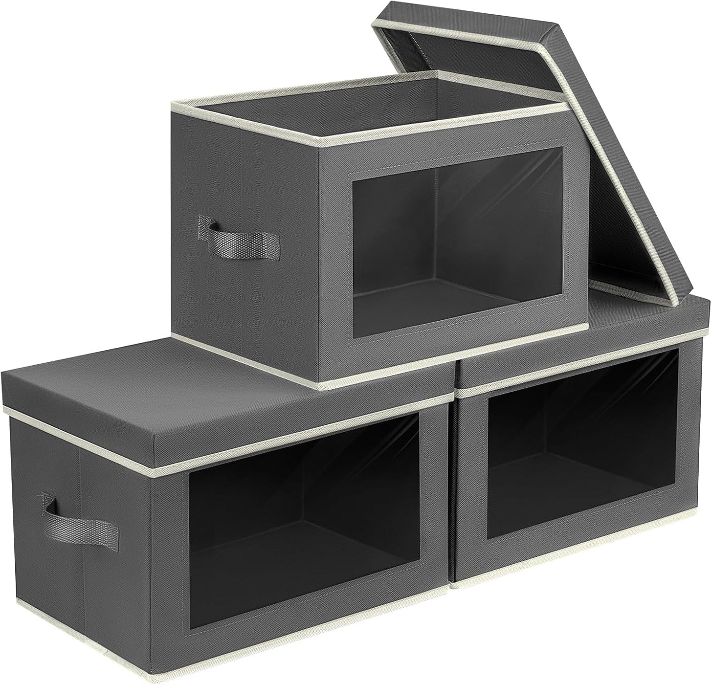 Storage Boxes with Lids - 3 Pack Fabric Clear Window Storage Bins, Collapsible Storage Bins with Lids, Linen Closet Organizer for Clothes, Towel, Blanket, Dark Grey