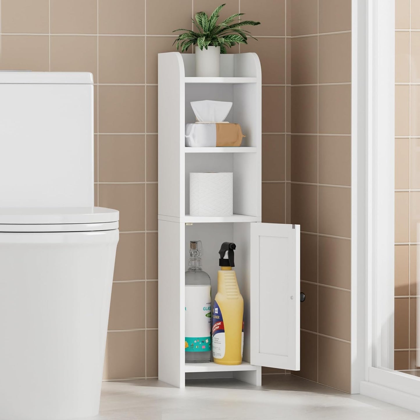 Homhedy Small Bathroom Storage Corner Floor Cabinet with Door and Shelves, Beside The Toilet Paper Stand for Skinny, Narrow Toilet Paper Cabinet, 9.8" D x 7.9" W x 31" H, White