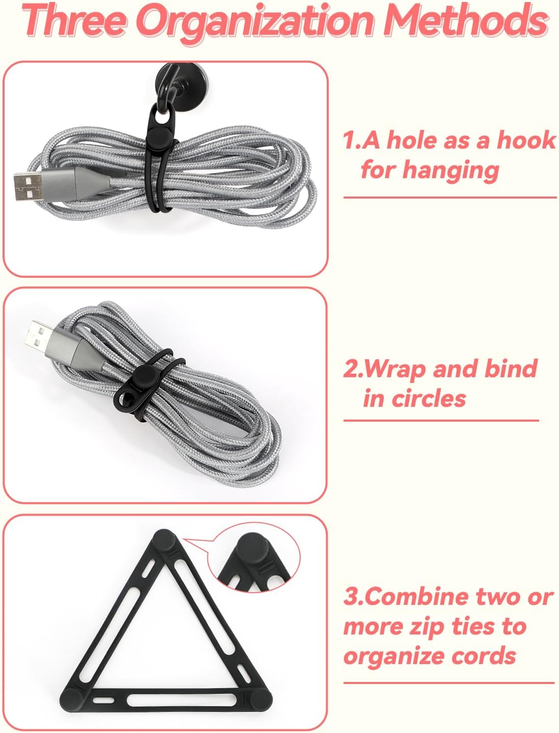 Kanemc 30-Pack Black Silicone Cable Ties Cord Organizer Reusable, Cord Wrap Wire Organizers Cable Strap for Electronics, Even As Curtain Tie Backs Bread Ties Cable Hook for Hanging