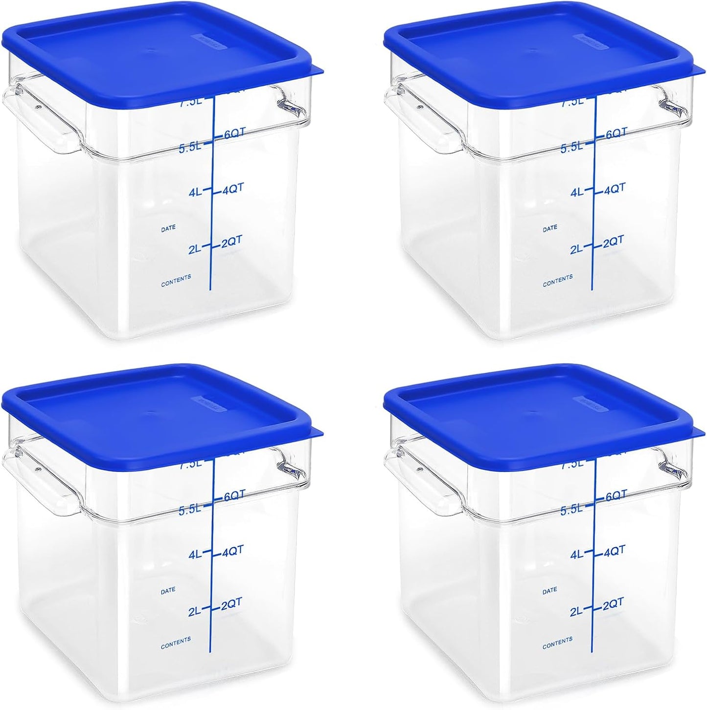 4 Pack Food Storage Containers with Blue Lids, 8.0 Qt - Square, Clear, Polycarbonate