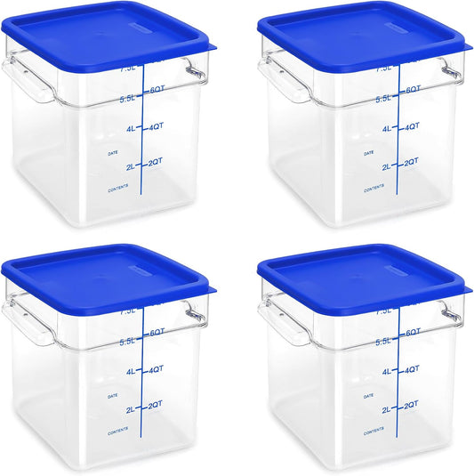 4 Pack Food Storage Containers with Blue Lids, 8.0 Qt - Square, Clear, Polycarbonate