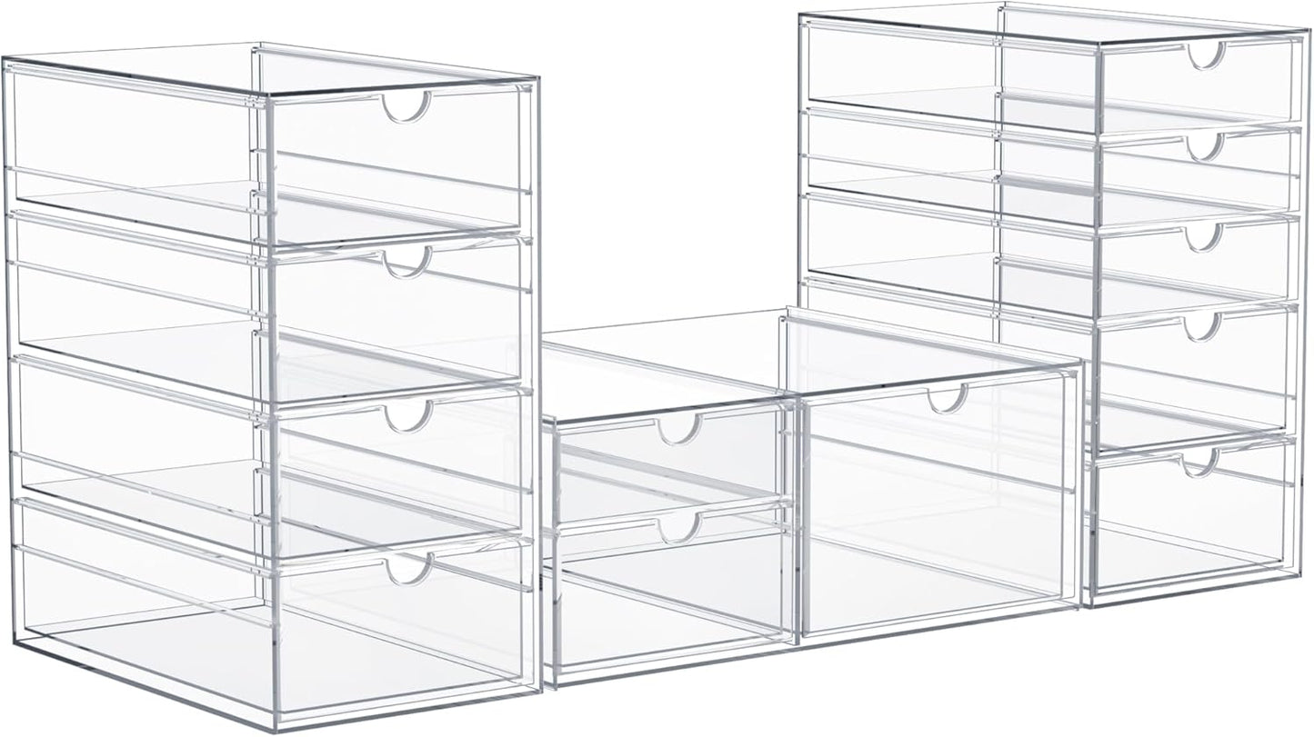 Sorbus Makeup Organizer With 12 Drawers, Acrylic Drawer Organizer for Makeup, Office Organization and Storage, Art Supplies, Jewelry, Stationary - 3 Pcs Clear Stackable Storage Bins Organizer Drawers
