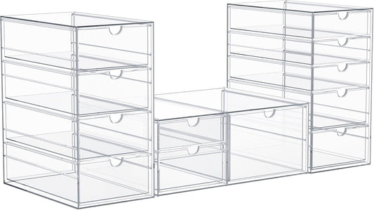 Sorbus Makeup Organizer With 12 Drawers, Acrylic Drawer Organizer for Makeup, Office Organization and Storage, Art Supplies, Jewelry, Stationary - 3 Pcs Clear Stackable Storage Bins Organizer Drawers