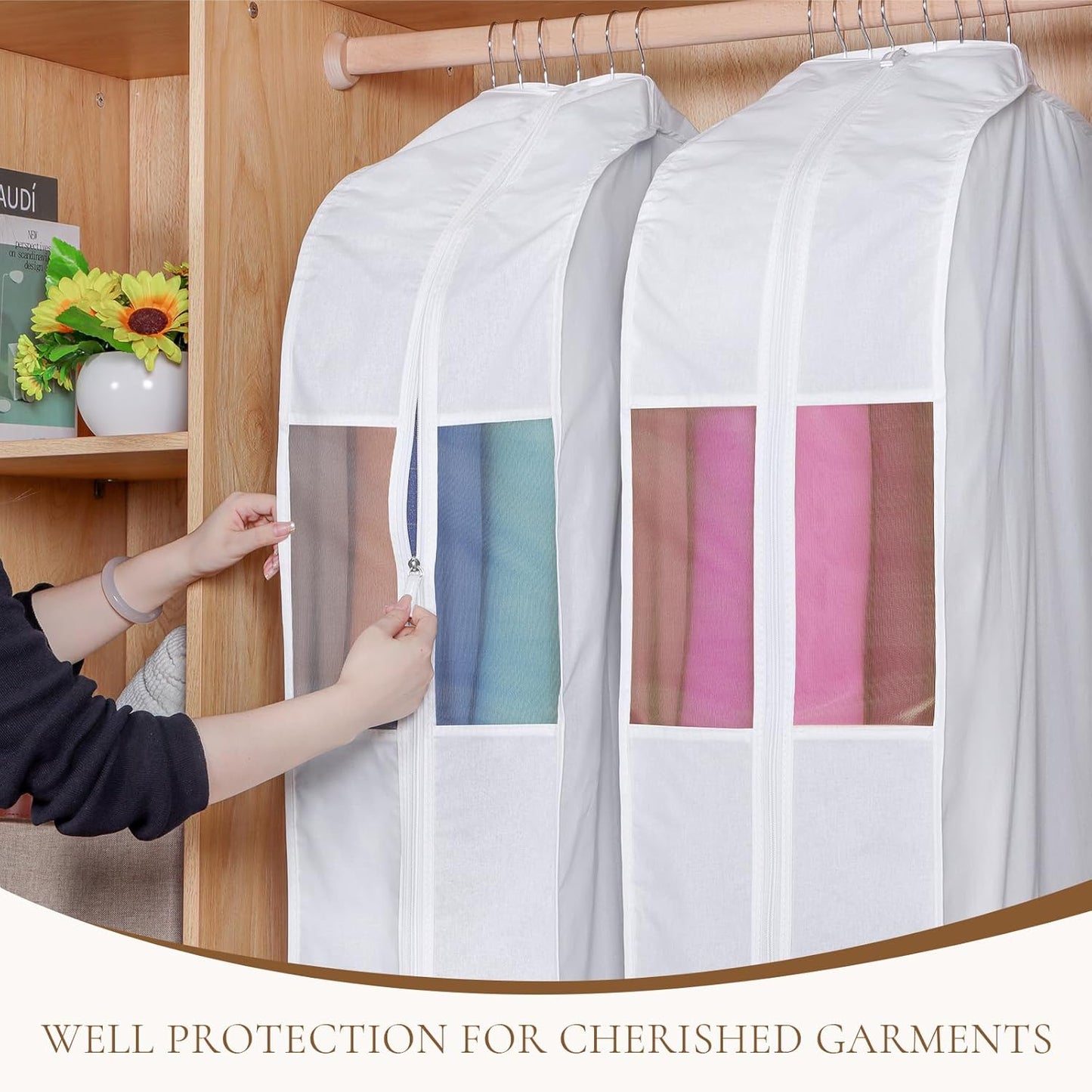 Univivi Premium Cotton Garment Bags for Hanging Clothes and Storage, 60 Inch Washable Dress Bags for Gowns Long, Full Zipper Dust Cover with Extra Large 10" Gusset & Clear Window - 2 Pack