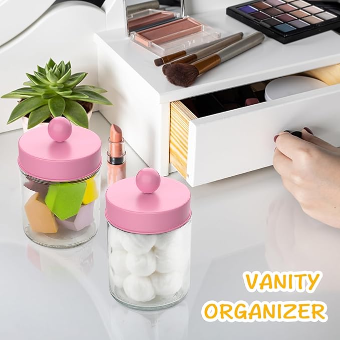 4 Pack Glass Apothecary Jars with Lids for Bathroom, Cute Qtip Holder, Pink Bathroom Accessories Set, Small Bathroom Canisters with Lids for Q-Tips, Cotton Swabs, Pink Bathhouses Decor