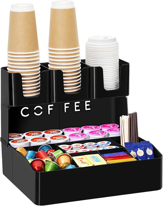 Lifewit 2-tier Coffee Station Organizer for Countertop, 10 Compartments, Tea Condiment Storage,Coffee Bar Organizer for Office Breakroom, Home Kitchen, Black