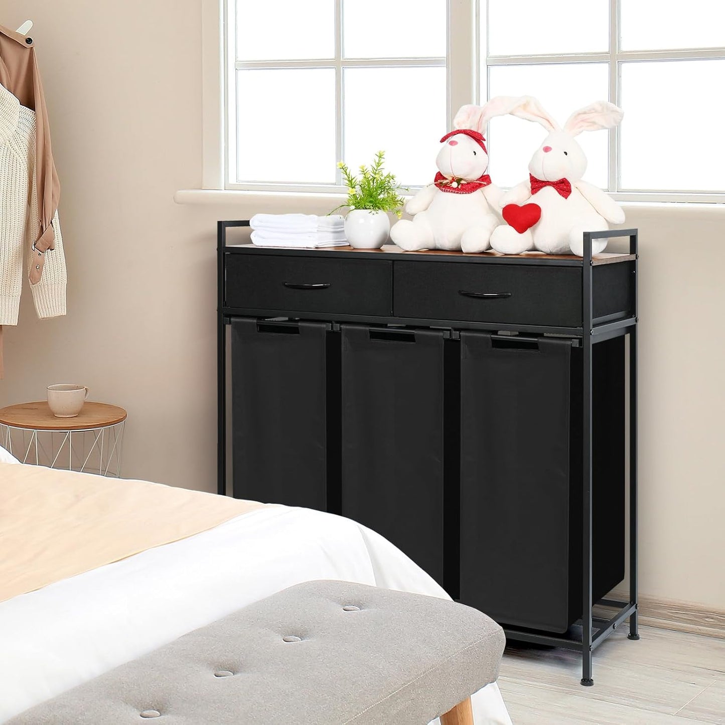 Laundry Sorter 3 Section, 180L Laundry Hamper Basket with Shelf and 2 Drawers, 3 Compartment Clothes Storage Organizer Cart, Pull-Out Removable Oxford Fabric Bags, Black