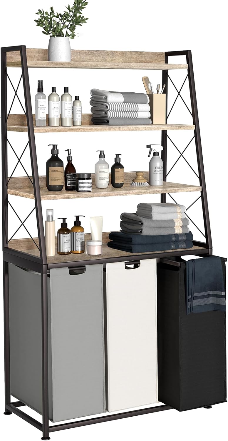 Laundry Basket, 3 Section Laundry Hamper with 4 Tiers Shelf, Pull-Out and Removable Laundry Bags, Large 3 x 15.87 Gallons, for Laundry Room Bathroom Greige PF05XLZ