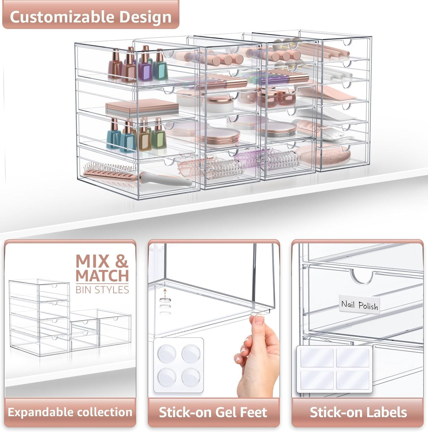 Sorbus Makeup Organizer With 20 Drawers, Acrylic Drawer Organizer for Makeup, Office Organization and Storage, Art Supplies, Jewelry, Stationary - 4 Pcs Clear Stackable Storage Bins Organizer Drawers