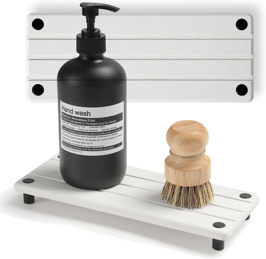 2 Pack Fast Drying Water Absorbing Diatomite Stone Mat Tray for Kitchen & Bathroom Counter - Instant Dry Sink Caddy Organizer - Vanity Holder for Soap and Sponge – White 10" x 4"