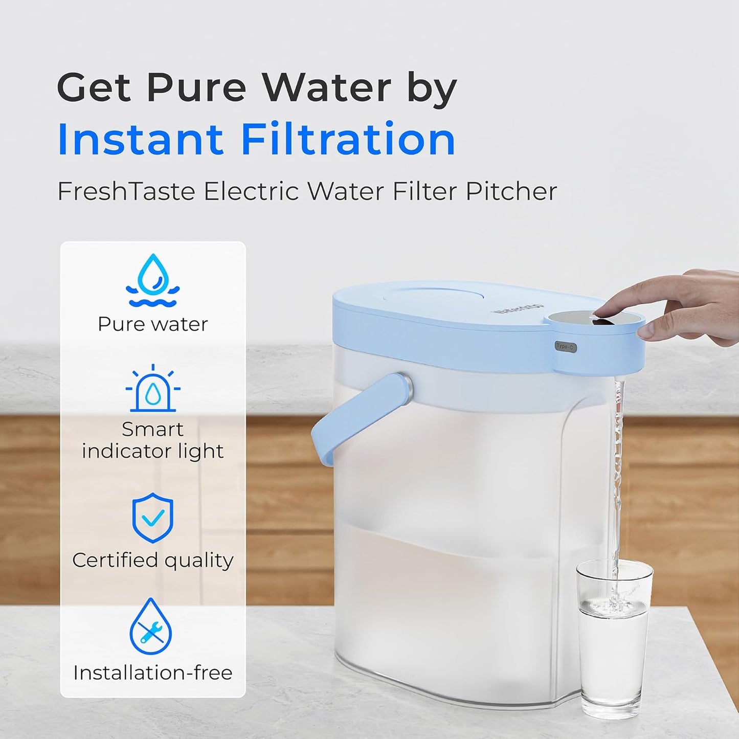 Waterdrop FreshTaste Electric Water Filter Pitcher, Rechargeable Powerful Dispenser, 17-Cup Instant Countertop Purifier, Reduce Chlorine, Lead, Copper, Purify, Soften Water, Blue, Does not Lower TDS
