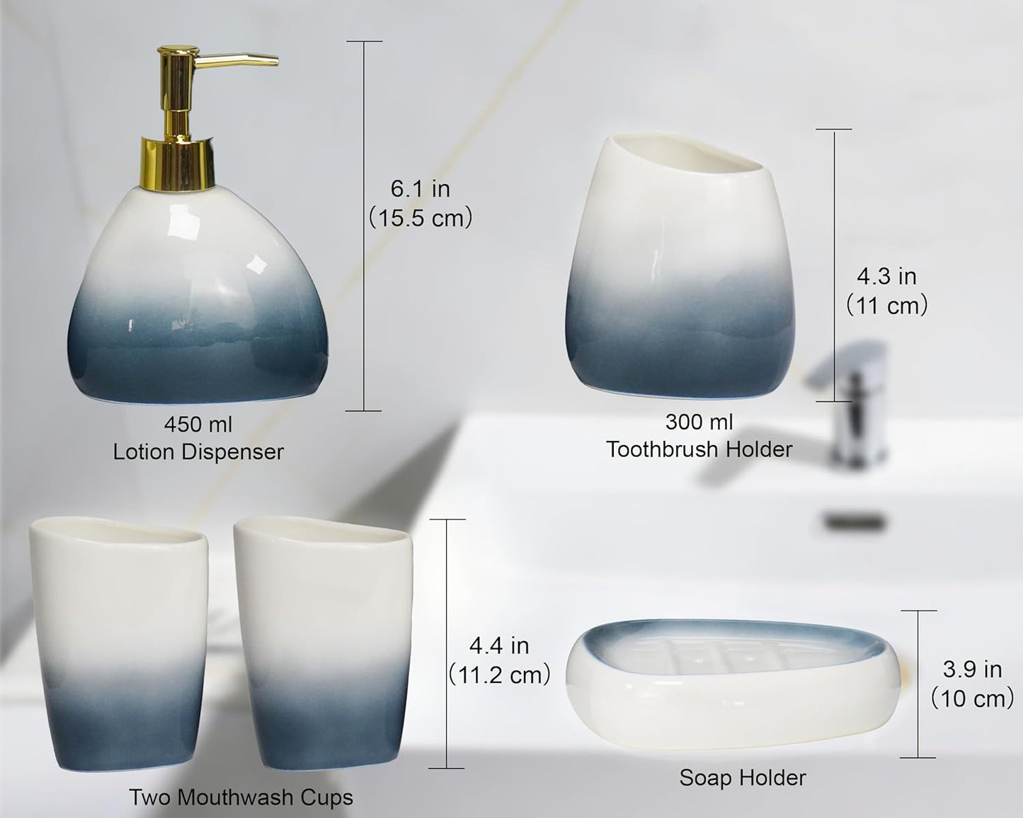 5 Piece Ceramic Bathroom Accessory Set in Ombre Blue, Includes Soap Dispenser, Toothbrush Holder, Soap Dish & 2 Mouthwash Cups, Modern Elegant Countertop Decor for Bathroom Vanity