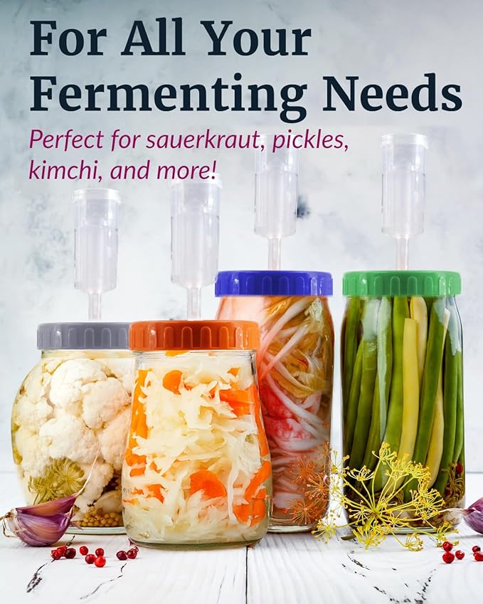 Elementi Mason Jar Fermentation Kit - Set of 4 Easy Grip Glass Fermenting Weights & Wide Mouth Mason Jar Fermentation Lids – Sauerkraut, Pickling & Fermenting Kit – 4 Weights & Airlocks