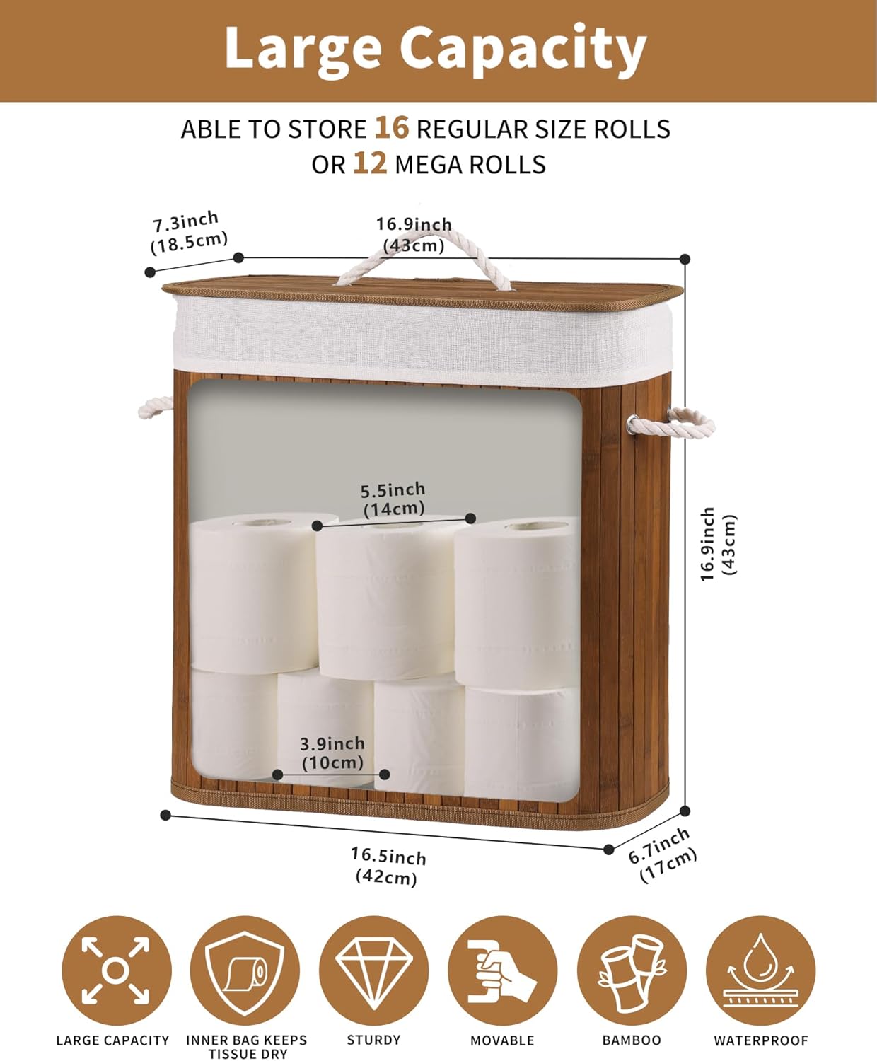 Bamboo Toilet Paper Storage with Lid & Handel, 8 Gallons (30L), Sturdy Toilet Paper Basket, Organizer for Bathroom, Kitchen, Holder with Storage, Walnut