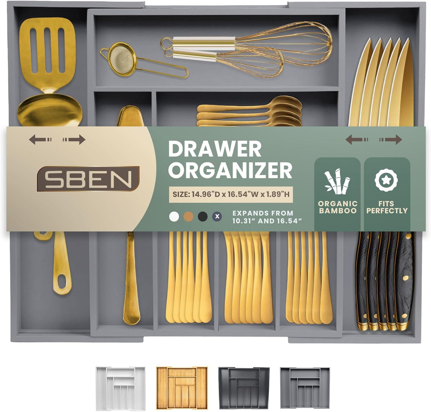 Sben Expandable Drawer Organizer for Utensils Holder, Adjustable Cutlery Tray, Wood Drawer Dividers Organizer for Silverware, Flatware, Knives for Kitchen (Gray)
