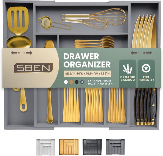 Sben Expandable Drawer Organizer for Utensils Holder, Adjustable Cutlery Tray, Wood Drawer Dividers Organizer for Silverware, Flatware, Knives for Kitchen (Gray)
