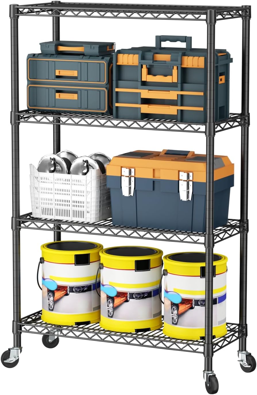 SINGAYE 4 Tier Adjustable Storage Shelf with Wheels Heavy Duty Shelving Unit Rack Shelves Wire for Garage Office Pantry Kitchen 14" Dx36 Wx58 H 1400LBS Black