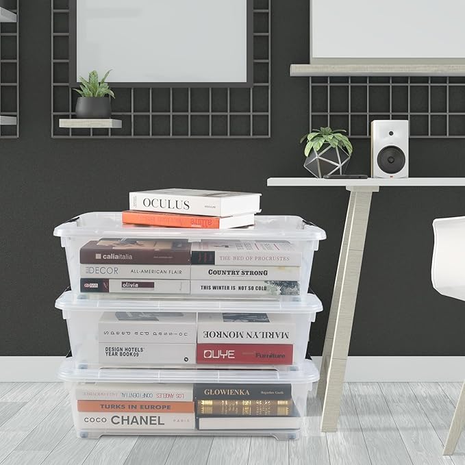 Gloreen 25 Quart Plastic Underbed Storage Container with Wheels, Clear Under Bed Storage Box Bins, 3-Pack