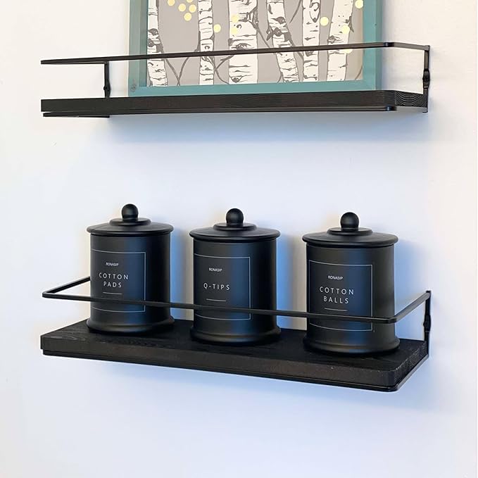 3 Pack Qtip Holder Dispenser, 16oz Bathroom Organizer and Storage Canisters, Glass Apothecary Jars with Lid - Home Decor, Room Decor Aesthetic (Black)