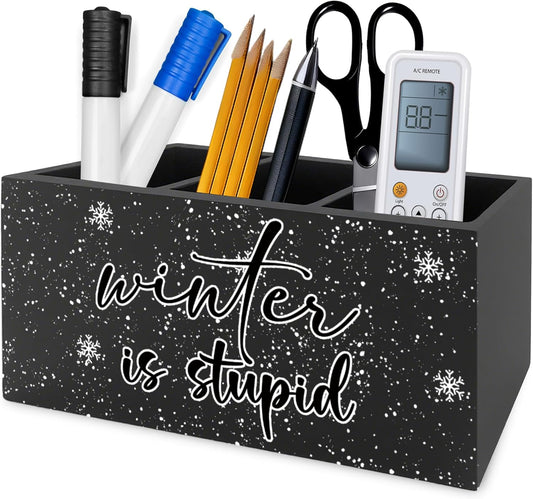 Funny Black Christmas Pen Pencil Holder Organizer for Desk, Winter Is Stupid Winter Snowy Xmas Snowflake Wooden Box Signs Decorations for Home Office Desk Tabletop