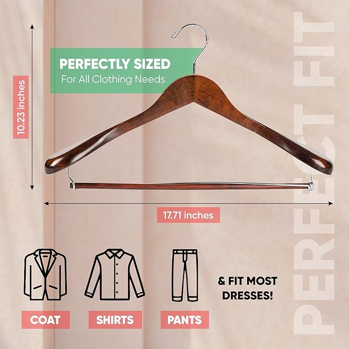 Suit Hangers for Men 6 Pack Wide Shoulder Hanger Smooth Finish Wooden Suit Hanger for Men and Women Coat Hangers 360° Swivel for Dress Jacket Non Slip Pant bar with Locking bar