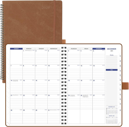 POPRUN 2026-2027 Monthly Planner A4 Size, 16 Months Calendar (Dec 2025-Mar 2027), 2 Pages per Month with Dotted & Lined Note, Monthly Tabs, Spiral Softcover, 2 Inner Pockets - Brown
