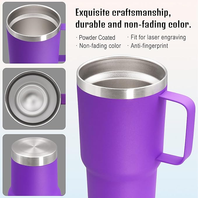 20 oz Tumbler with Handle and Lid, Stainless Steel Tumbler Insulated Travel Coffee Mug, Spill Proof Double Wall Vacuum Tumbler Cup Keep Drink Hot & Cold, Purple, 1 Pack