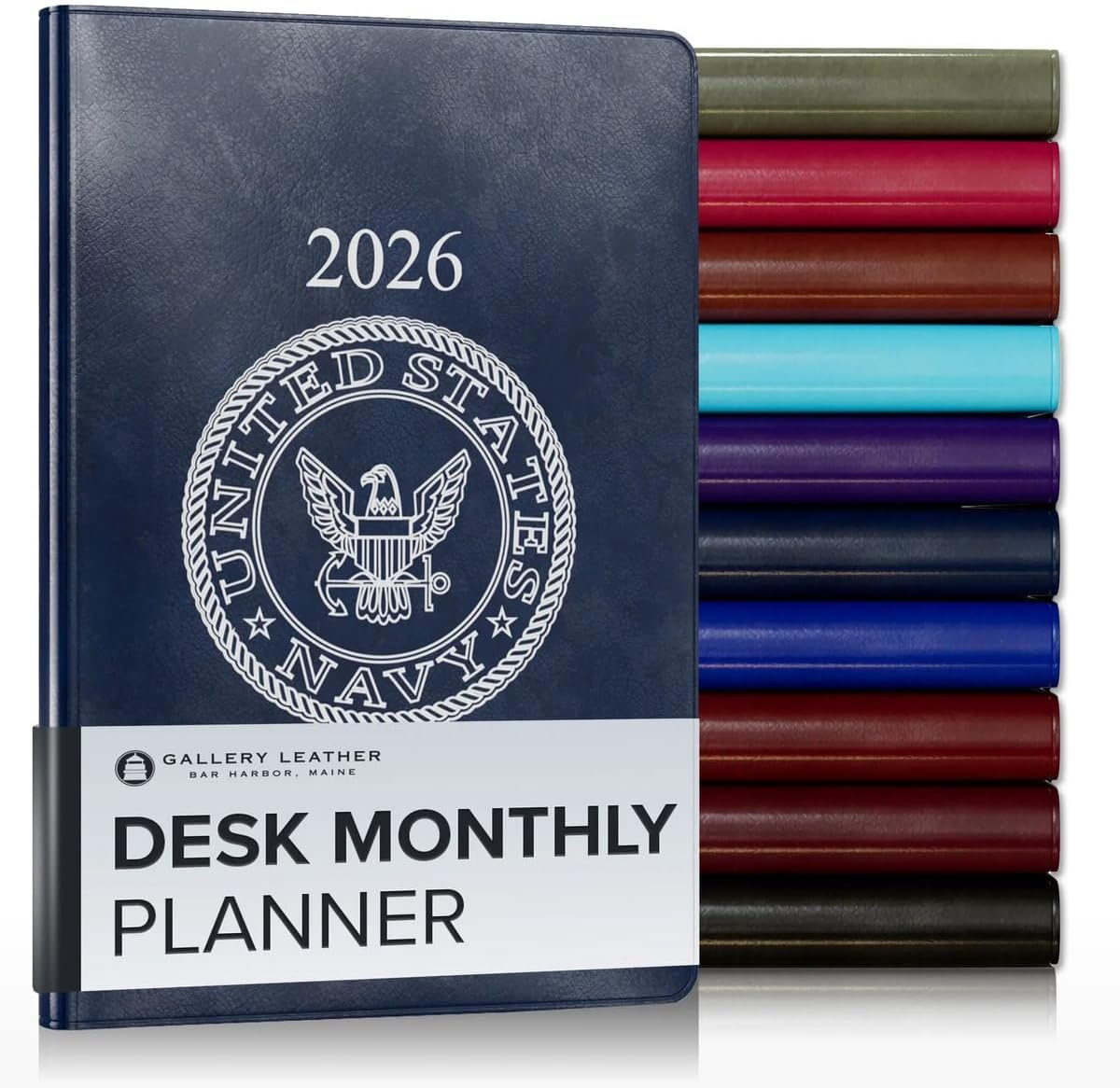 Gallery Leather Desk Monthly Planner 2025-2026, Elegantly Bound Calendar Planner and Notebook with Stylish Gold-Gilded Page Edges, 18 Months - Acadia Navy - US Navy - 8x5.5”