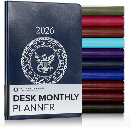 Gallery Leather Desk Monthly Planner 2025-2026, Elegantly Bound Calendar Planner and Notebook with Stylish Gold-Gilded Page Edges, 18 Months - Acadia Navy - US Navy - 8x5.5”