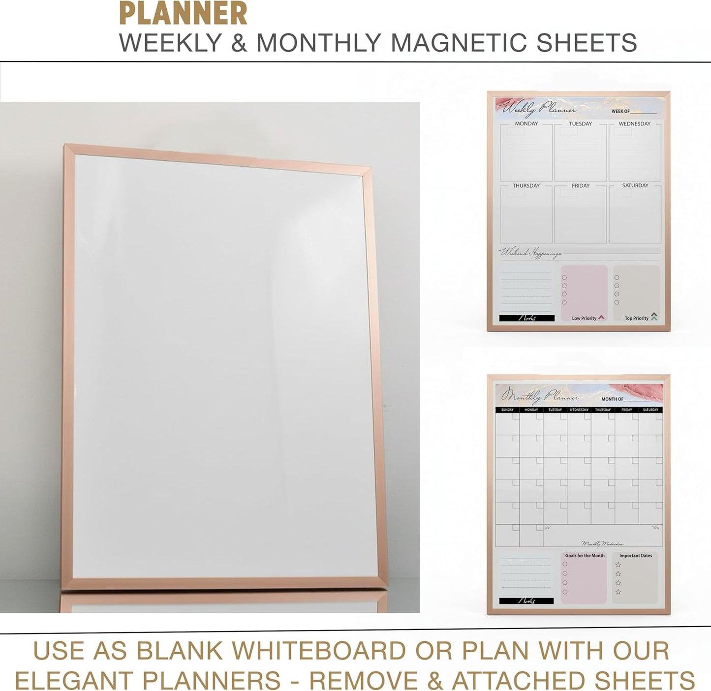 Small Whiteboard 12 x 16 Inch Magnetic Dry Erase Board with Stand & Wall Mount | Rose Gold Aluminum Frame | Planner Board with Weekly & Monthly Sheets | 3 Markers, Eraser & 2 Magnets