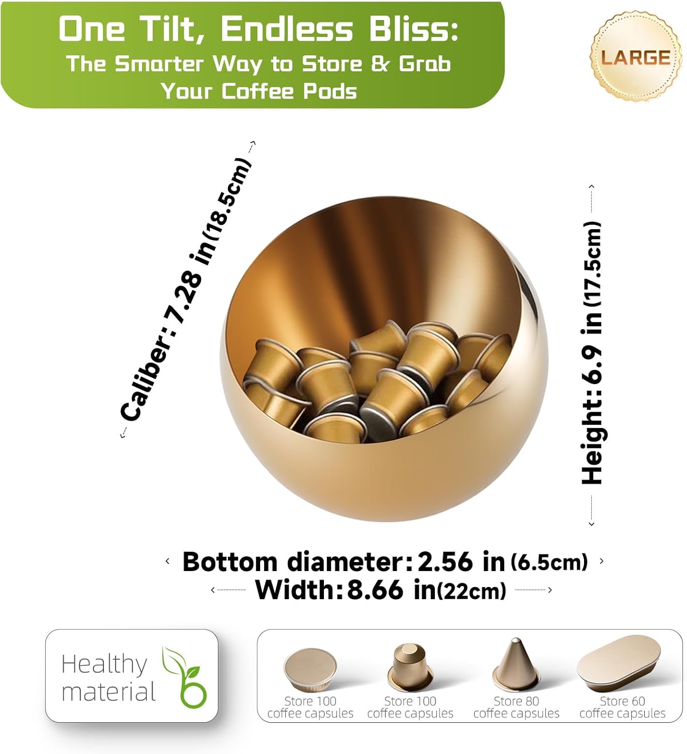 Large Capacity Coffee Pod Holder – Stainless Steel Pod Organizer and Holder | Stylish Coffee Bar Accessories & Countertop Storage (Gold, L)