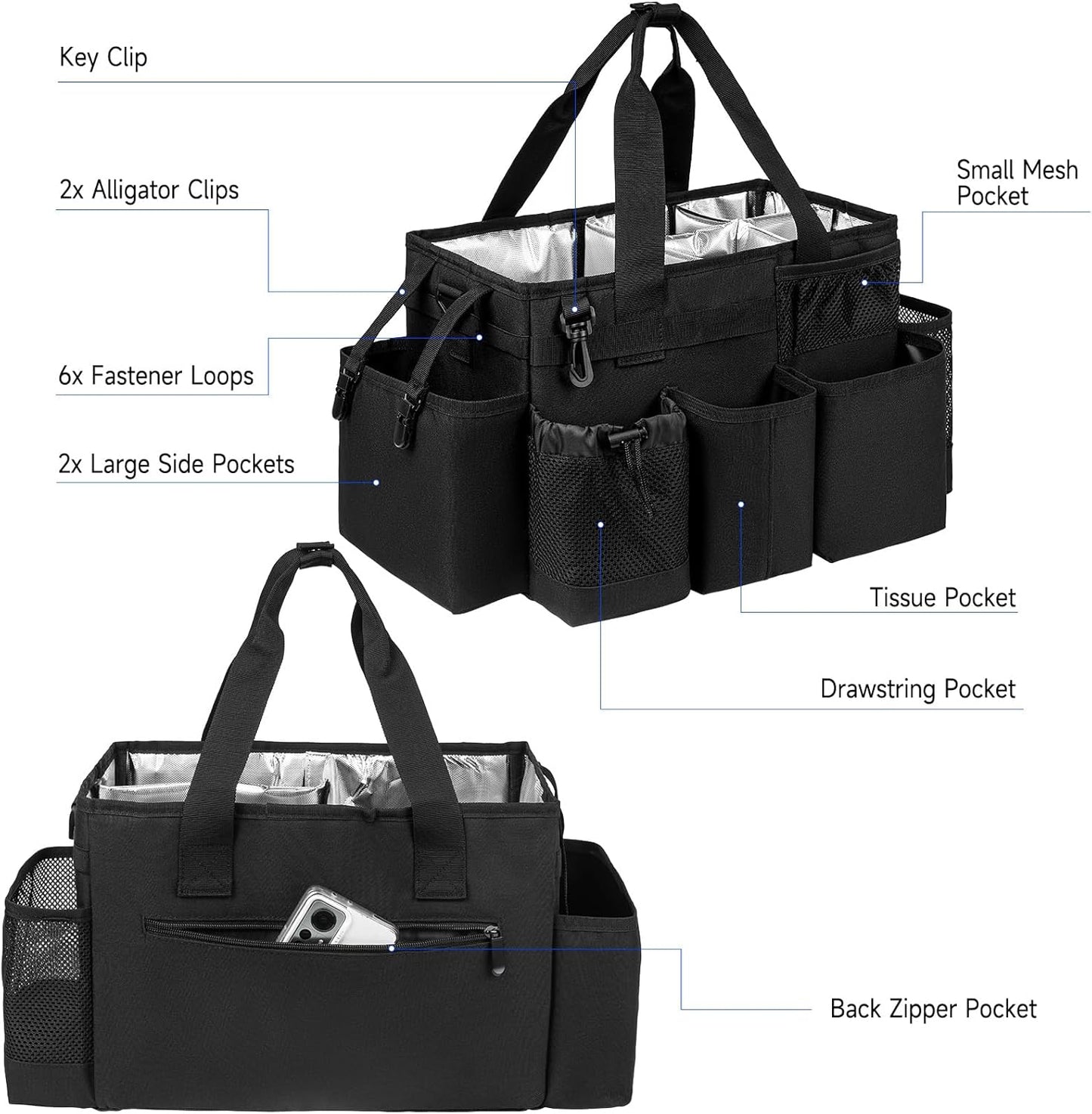 Cleaning Caddy Bag, Cleaning Supplies Organizer for Housekeepers, Housekeeping Caddy with Handle and Detachable Padded Cushion, Black