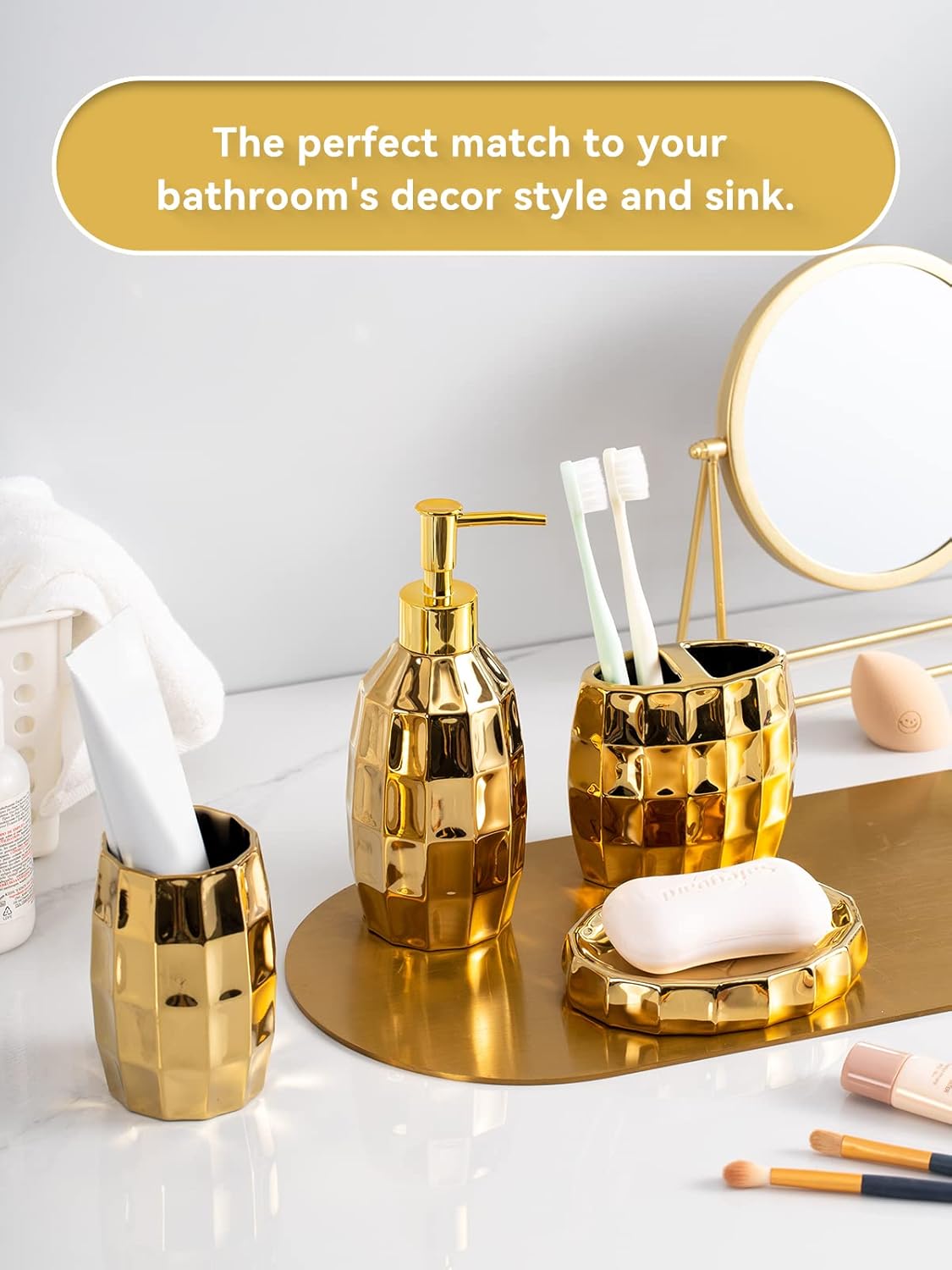 Bathroom Accessories Set, Golden Mosaic Ceramic Bathroom Accessory Sets Include Lotion Dispenser, Toothbrush Holder Tumbler, and Soap Dish
