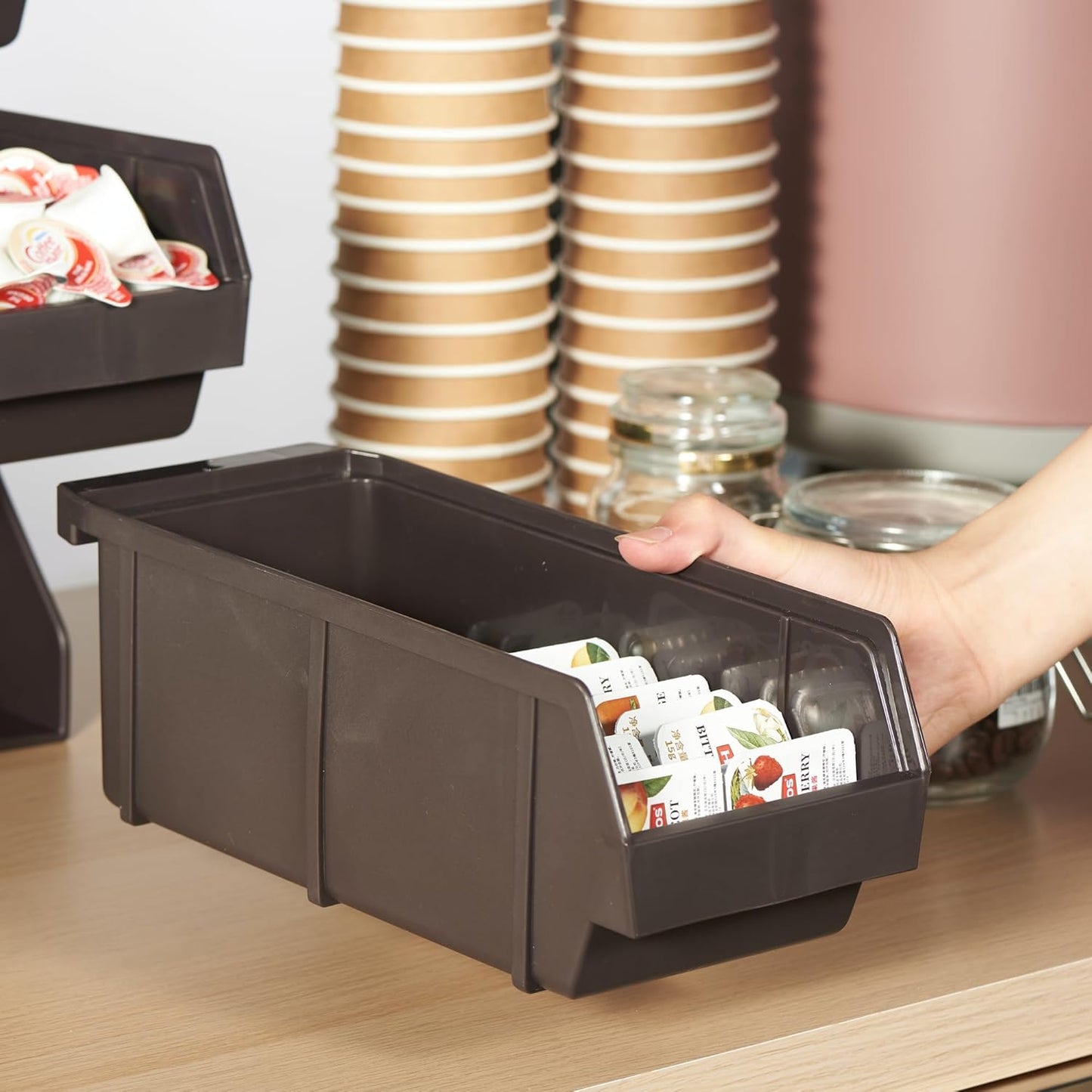 CURTA Brown Self Serve Condiment Bin Stand Set, 3-Tier Stand with 6 Bins, 20" D x11.5" W x 14" H, Coffee Bar Beverage Station