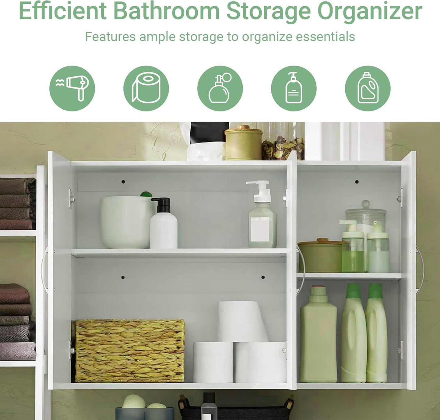 3-Doors Bathroom and Laundry Room Wall Cabinet with Adjustable Shelves, Wall Mounted MDF Storage Organizer Over Toilet or Washer, White, HUS-FRG231-L