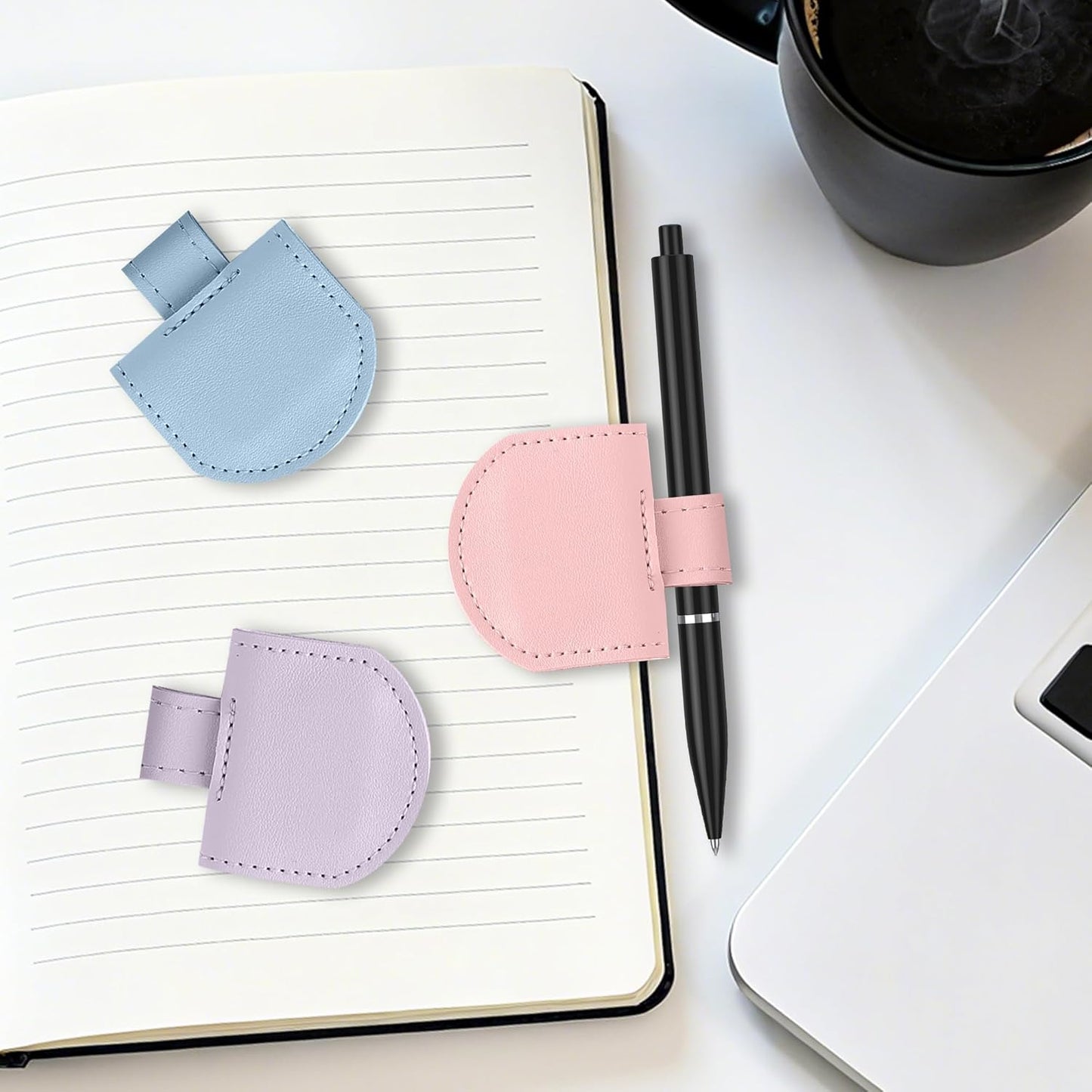 Magnetic Pen Loop Holder, Pencil Holder for Notebooks, Journals, Calendars, PU Leather 3 Pack