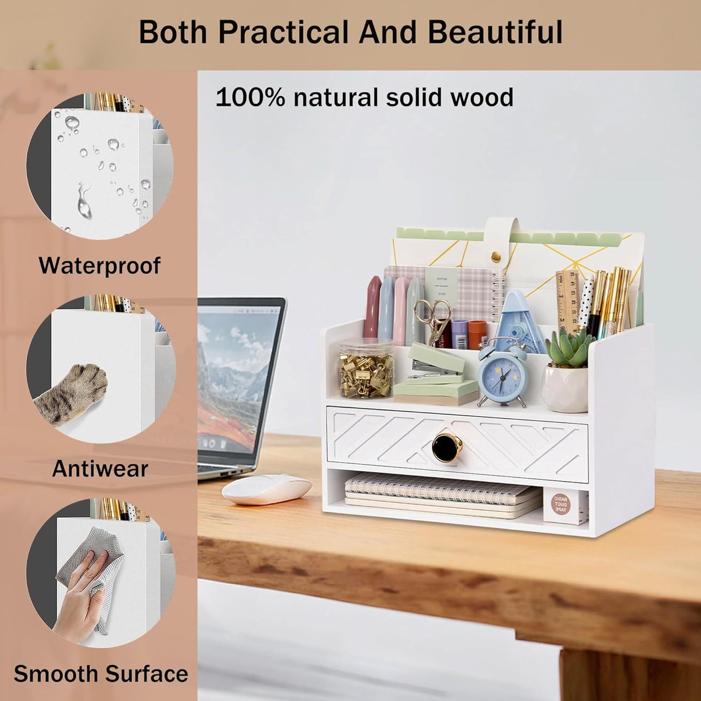 white Wood Desk Organizer and Accessories with Drawer, Bill Mail Organizer and File Mail Holder for Office Supplies, Desk Accessories & Workspace Organizers for Desk Organization