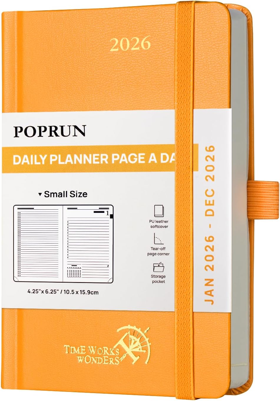 POPRUN 2026 Daily Planner One Page Per Day A6 Size Calendar (4.25" x 6.25") - 12 Months Hourly Appointment Book with Hardcover, Monthly Tabs, Pocket, Pen Holder - Orange