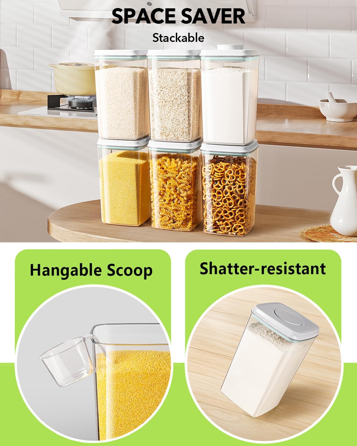 Airtight Pop Food Storage Container with Lid & 130ml Scoop, 4L/4.2qt BPA-Free Cereal, Rice, Flour, Pasta & Snack Container, Stackable & Durable,Kitchen Pantry Organizer