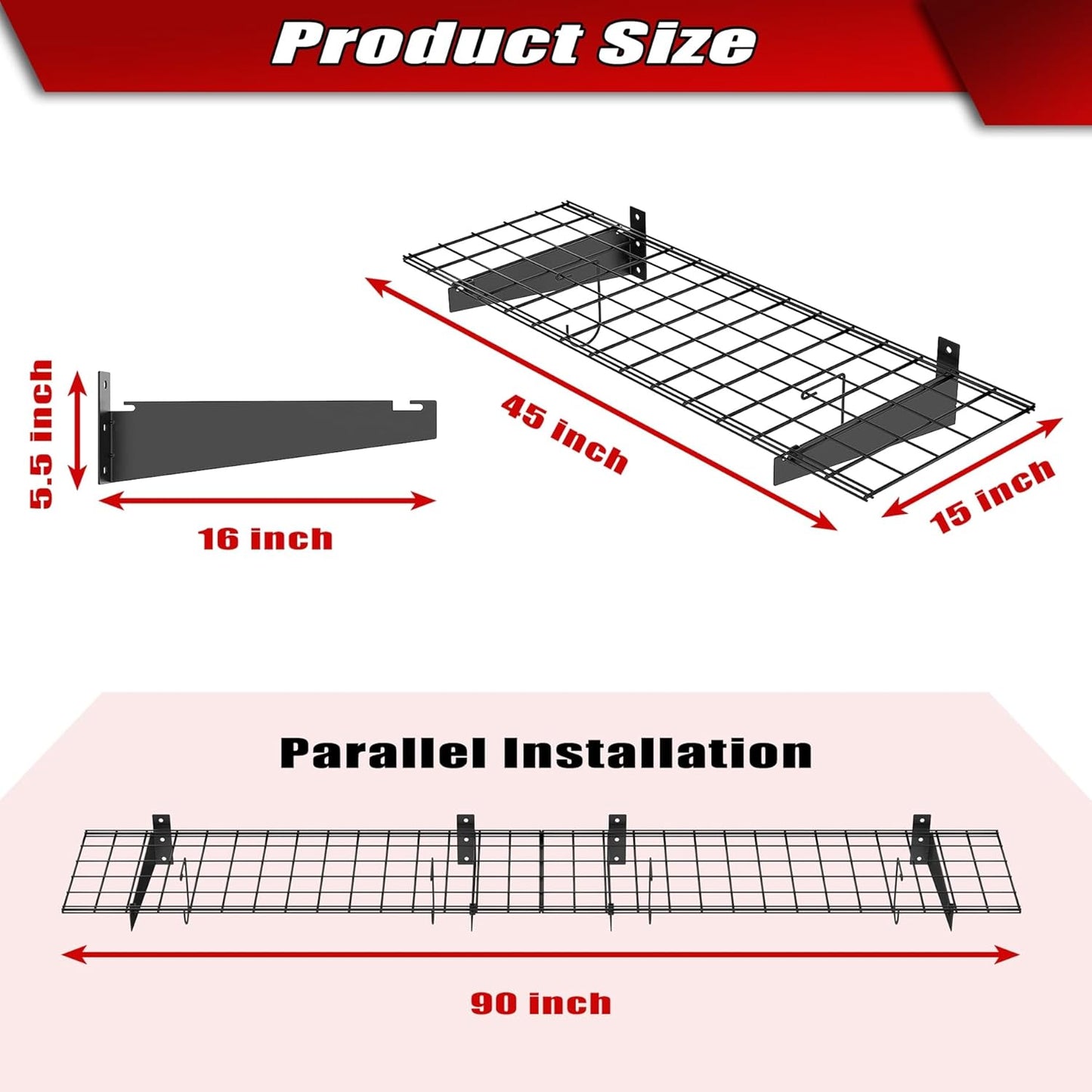 WALMANN 2 Pack Garage Wall Mount Shelves, 45x15 inch Wall Mounted Storage Shelves for Garage Heavy Duty Floating Shelf, Holds Up to 220 lbs(Black)