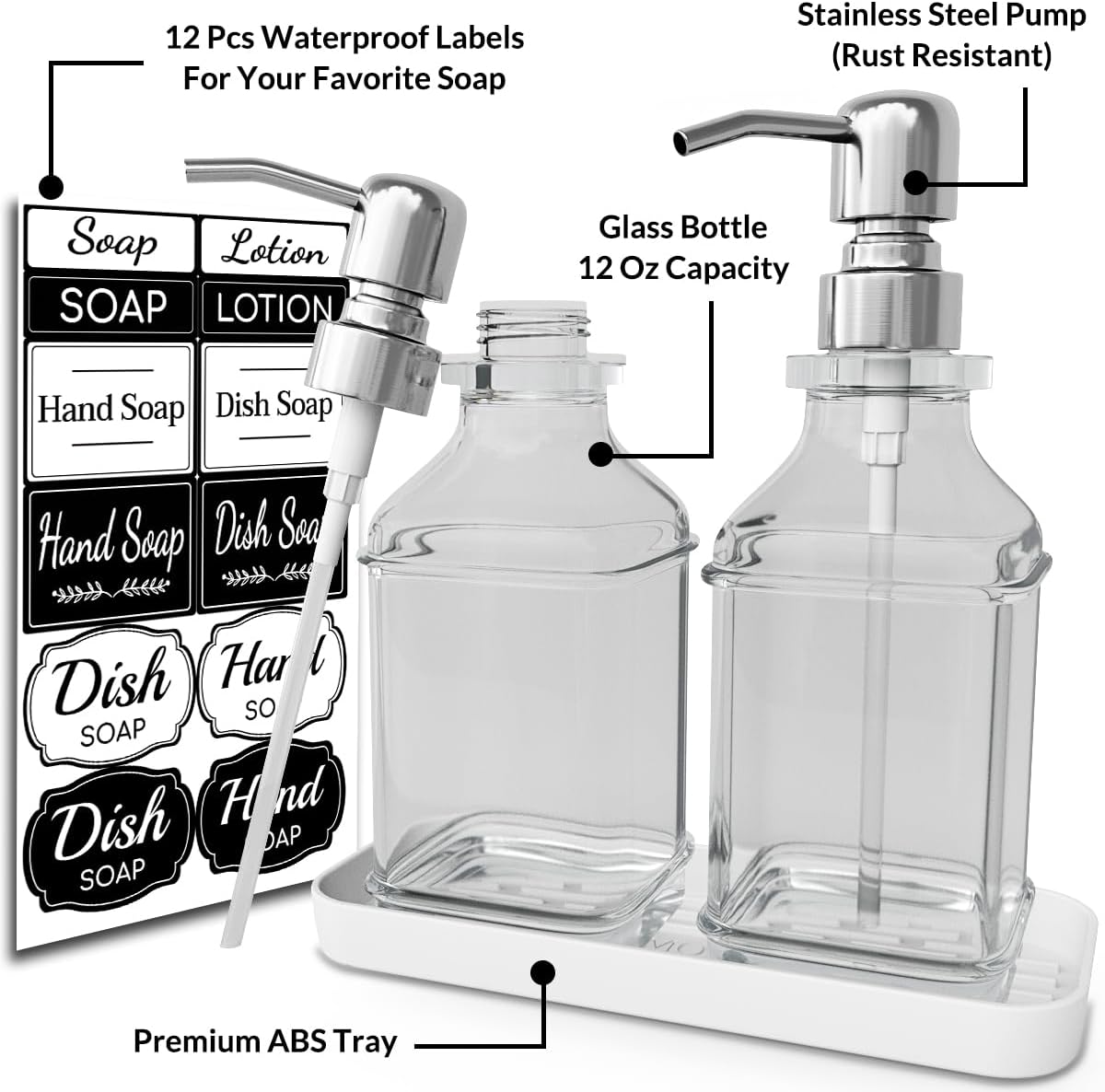 Soap Dispenser - 2 Pack, Antique Design Thick Glass Hand Soap Dispensers with Sturdy Tray; 304 Rust Proof Stainless Steel Silver Pump, 12Pcs Stickers, for Kitchen, Bathroom