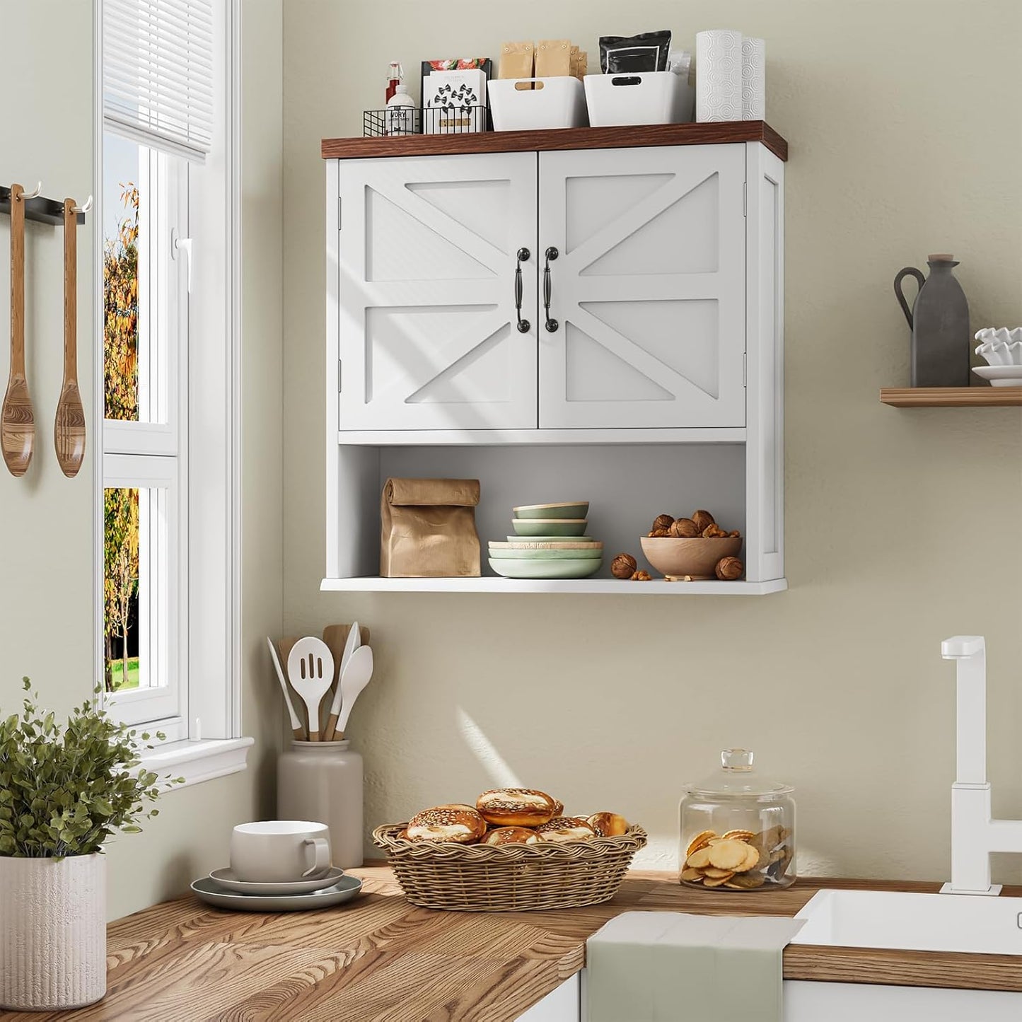 Smuxee Farmhouse Wall Mounted Cabinet with Adjustable Shelf, for Bathroom, Living Room, Laundry Room