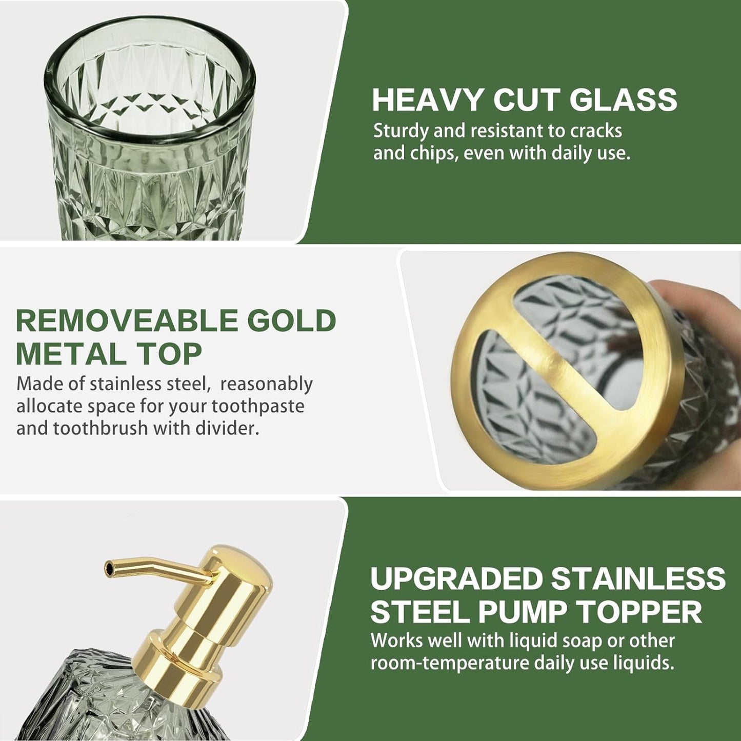 Green Bathroom Accessories Set, 5Pcs Clear Glass Green Accessories with Lotion Soap Dispenser, Soap Dish, Toothbrush Holder, Tumbler, Cotton Swab Jar, Modern Bathroom Decor Crystal Vintage Gift